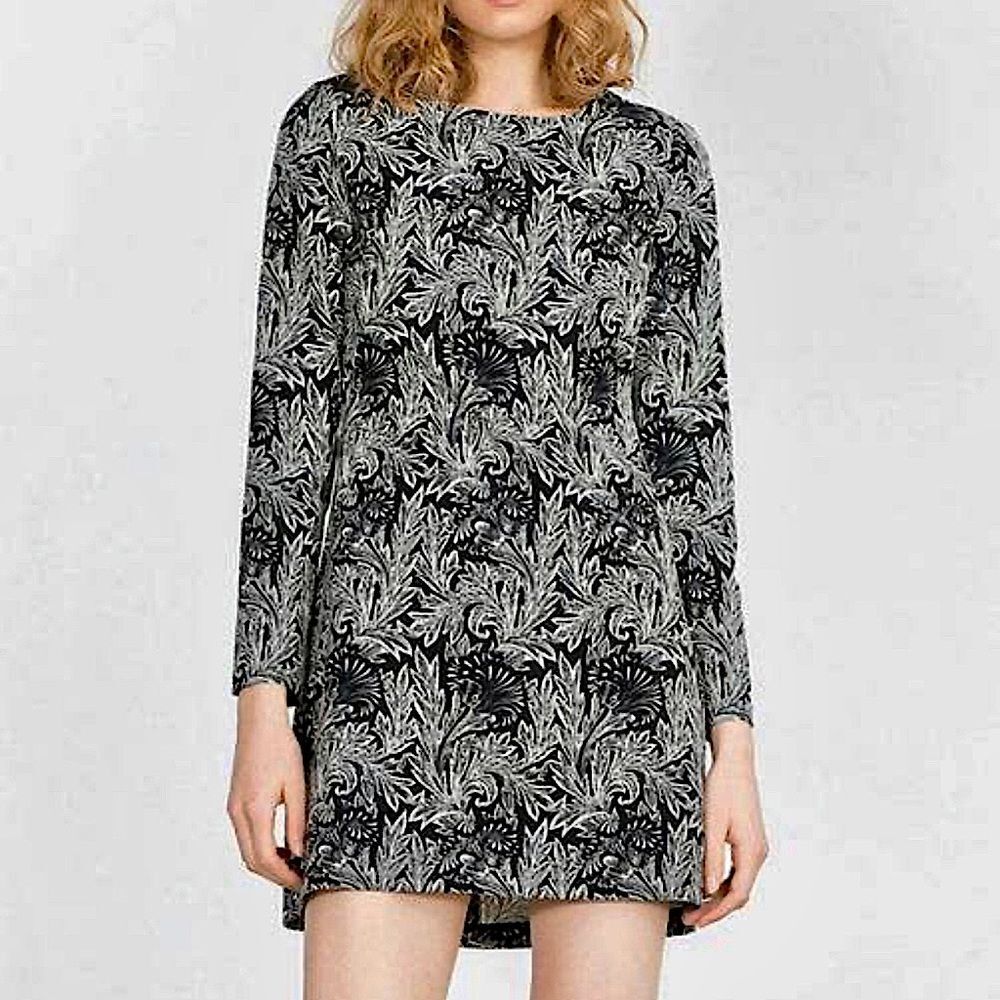 Zara Dress Floral Printed Black & White Shift Long Sleeve Size S